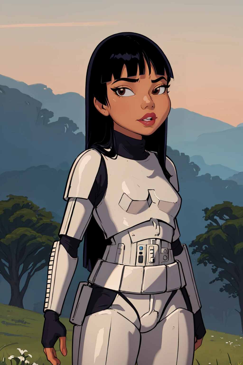 masterpiece, best quality, 1girl, chel, black hair, long hair, blunt bangs, brown eyes, dark skin, lipstick, stormtrooper, armor, pants, upper body, solo, looking at viewer, grass, blue sky, meadow background <lora:Stormtrooper:0.9> <lora:Chel:0.8>