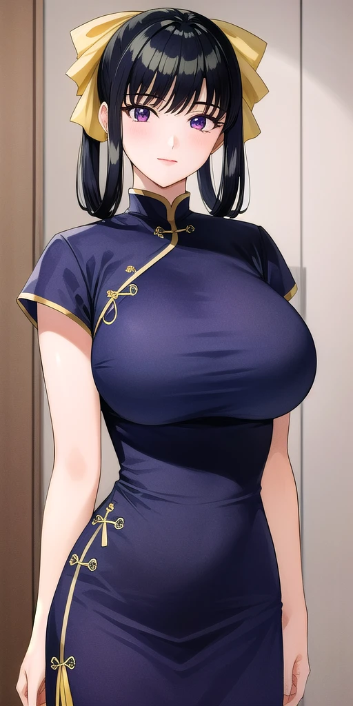 score_9, score_8_up, source_anime, solo, 1girl, dress, huge breasts, young, ikuchan, black hair, black hair, oriental, Chinese dress, short dress, indoors, aftersex, cum drip, (impregnation risk), ovum, nice hips, pussy, (thick pubic hair), very long hair, ponytail, partially dressed, (money), jaded expression, disheveled, (after prostitution), sweat, voluptuous,