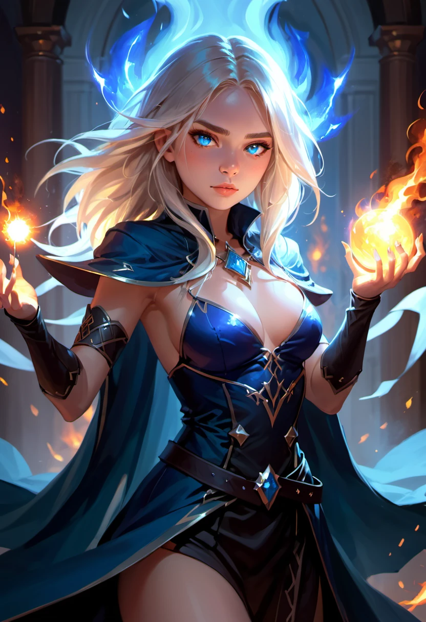 digital art by wlop and artgerm in the style of throne of glass book covers illustrations, a adult female magician with fireballs in hand and a blue magic lighting aurea overlay