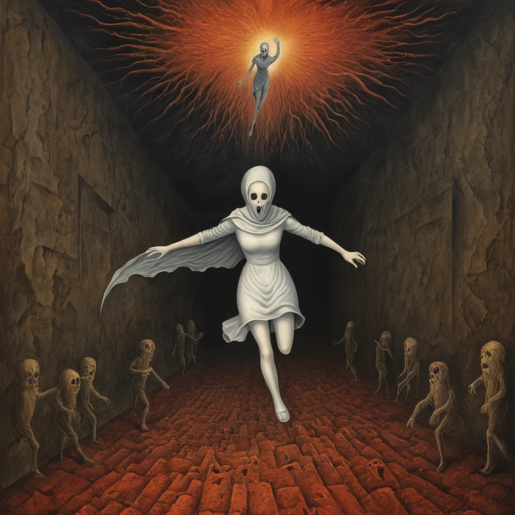 (((Old oil Painting by R3m3diosVaro ,surrealism:1,terror (theme),surreal:1))),a woman running in the hell, ghost,bizzarre by R3m3diosVaro
