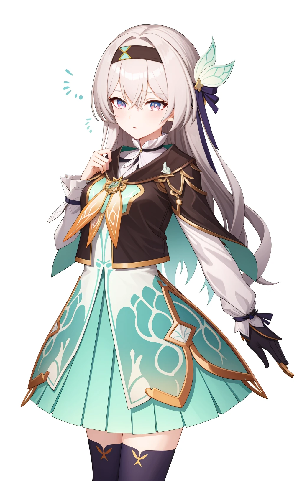 <lora:æµè¤v34.0:1:lbw=all>,liuying,grey hair,long sleeves,hair ornament,black jacket,high quality,green dress,thighhighs,, (masterpiece,best quality:1.2),absurdres, high quality,
