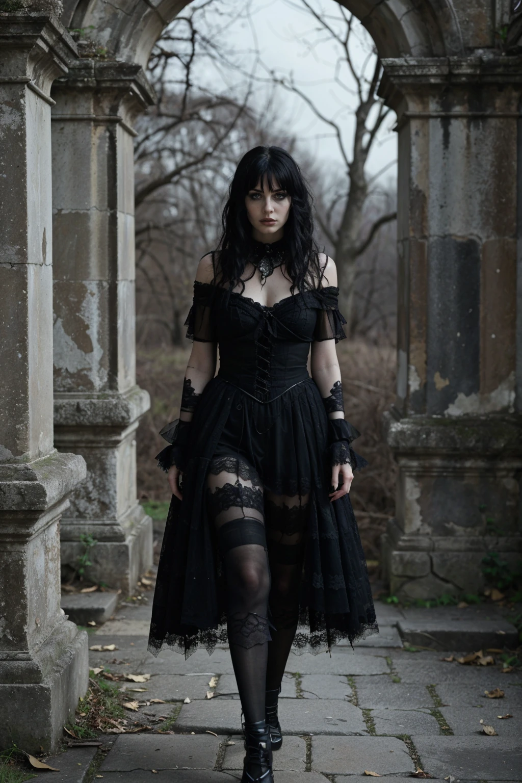 Imagine a scene shrouded in mystery and allure, where the essence of goth aesthetics melds seamlessly with an atmospheric backdrop. Picture a solitary goth woman standing in the heart of this scene, embodying the quintessence of gothic beauty and grace. Her attire is a masterpiece of gothic fashion, featuring a long, flowing black dress that cascades gracefully to her feet, adorned with intricate lace patterns and delicate silver chains that glint subtly in the dim light. Her hair is a cascade of dark waves, framing her pale face and enhancing her piercing, captivating eyes, which are accentuated by dark, smoky makeup.
The atmosphere around her is charged with a palpable sense of mystery and enchantment. The scene is set in a forgotten garden, where the moon casts a silver glow over ancient statues and overgrown paths. Mist rolls gently across the ground, swirling around her feet and adding a mystical quality to the scene. In the background, the remnants of a once-grand gothic mansion loom, its spires and arches silhouetted against a starlit sky, adding a sense of timeless decay and romance.
This scene is not just a visual spectacle; it's a portal to a world where gothic elegance and atmospheric beauty converge. The goth woman stands as a guardian of this realm, a symbol of strength and mystery, inviting the viewer to step into a world beyond the ordinary, where every element is imbued with depth and emotion. <lora:G0thG1rl_sd15_style_gpt_trigger:0.75> g0thg1rl