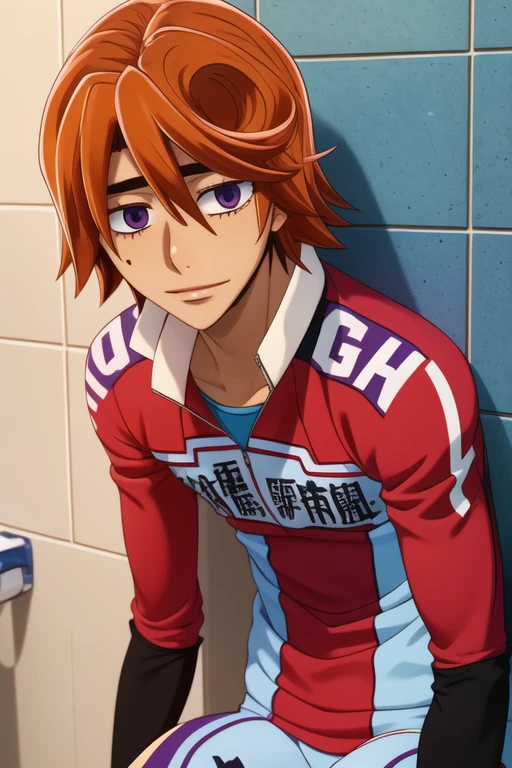 (best quality:1.1), (masterpiece:1.4), wallpaper, looking at viewer, upper body, depth of field, , (semi-realistic:1.4), 1boy, solo, male focus, <lora:takuto_ashikiba:0.96>, takuto_ashikiba, orange hair, purple eyes, hair between eyes, swashbuckler costume, shower,