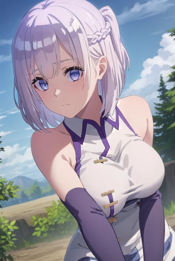 farmingisekaihakuren, <lora:farming isekai hakuren s1-lora-nochekaiser:1>,
hakuren, short hair, (purple eyes:1.1), braid, grey hair,
BREAK gloves, bare shoulders, sleeveless, black gloves, elbow gloves, chinese clothes,
BREAK outdoors, farm, crops, plants, trees, grass, sun, sky, clouds,
BREAK looking at viewer, (cowboy shot:1.5)
BREAK <lyco:GoodHands-beta2:1>, (masterpiece:1.2), best quality, high resolution, unity 8k wallpaper, (illustration:0.8), (beautiful detailed eyes:1.6), extremely detailed face, perfect lighting, extremely detailed CG, (perfect hands, perfect anatomy),