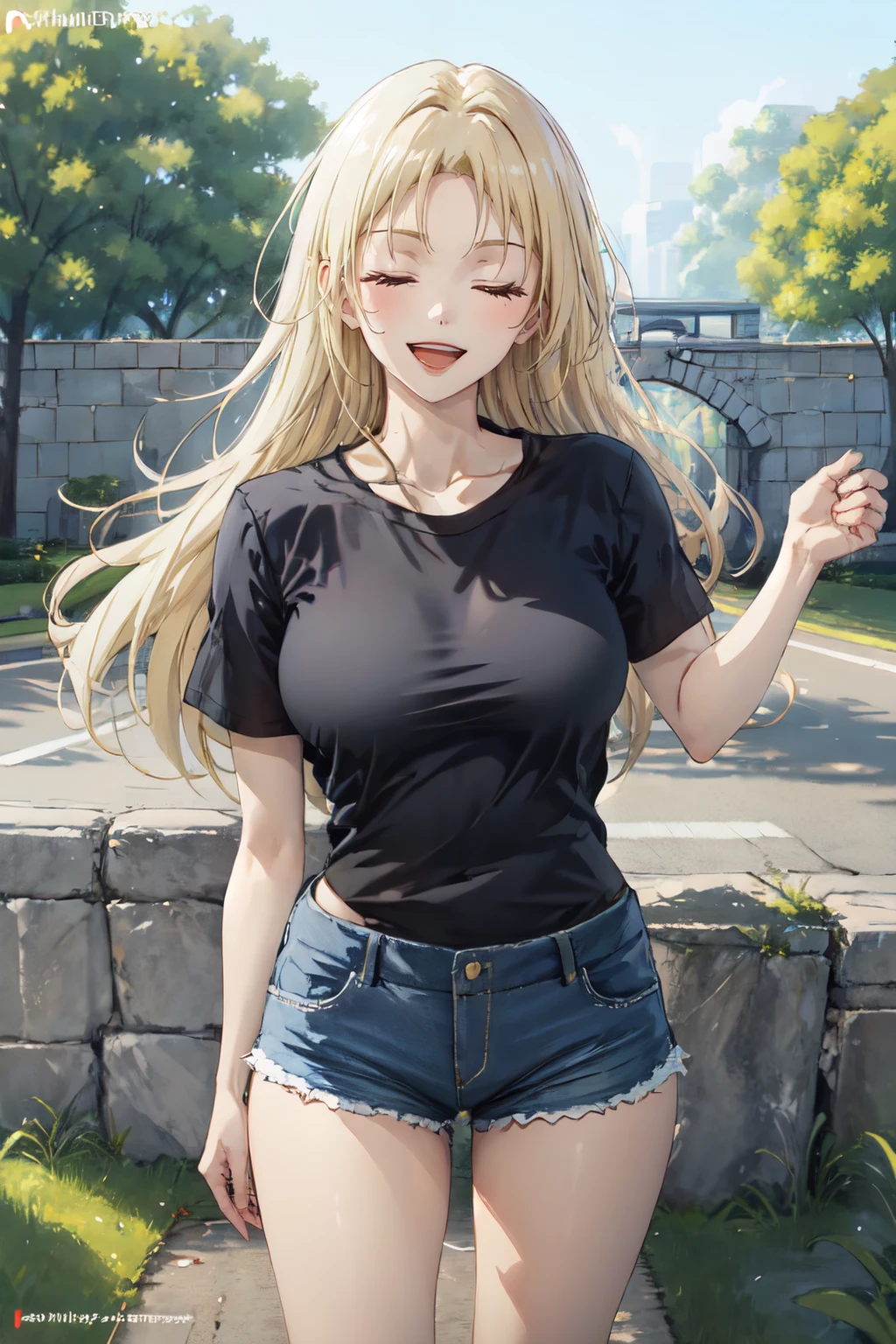 yukitsukumo,closed eyes,^ ^,  blonde hair,long hair  1girl,mature female,smile, open mouth, solo, black  shirt,short sleeves,t-shirt,outdoors, thick thighs, micro shorts<lora:yuki_tsukumo_v1:1>  <lora:micro_shorts_goofy:0.8>