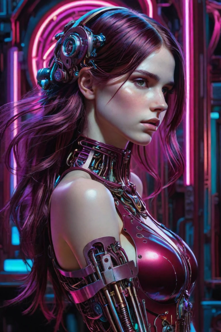 detailed, stylized by John William Waterhouse, professionally shot of a Biomechanical "In the symphony of acceptance, we embrace our imperfections, finding beauty in our vulnerabilities.", insane details, Neon Light, Colorful and Burgundy neon hue