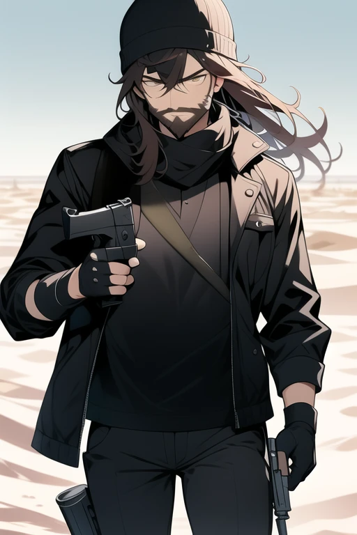 <lora:jeezo-10:1> jeezo, facial hair, holding gun, maid outfit, wearing maid outfit, holding ak-47 gun, desert background