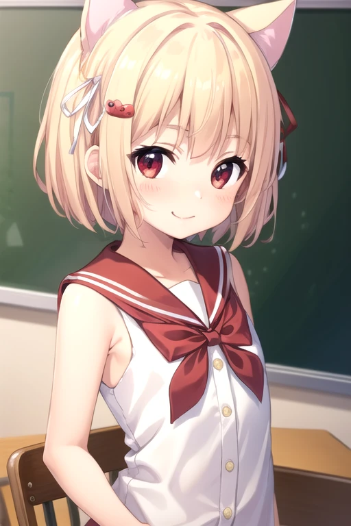 ((masterpiece)),(best quality),official art,extremely detailed CG,unity 8k wallpaper,ultra detailed,beautiful detailed eyes,extremely detailed face,classroom,1girl,solo,upper body,(portrait:1.5),looking at viewer,facing viewer,(child:1.2),(petite:1.5),smile,nanase yuzu,animal ears,cat ears,short hair,blonde hair,cat hair ornament,hair ribbon,white ribbon,bangs,red eyes,sailor dress,red sailor collar,red bow,sleeveless,button,small breasts,white pantyhose,loafers,<lora:Nanase Yuzu(ip2):0.7>,