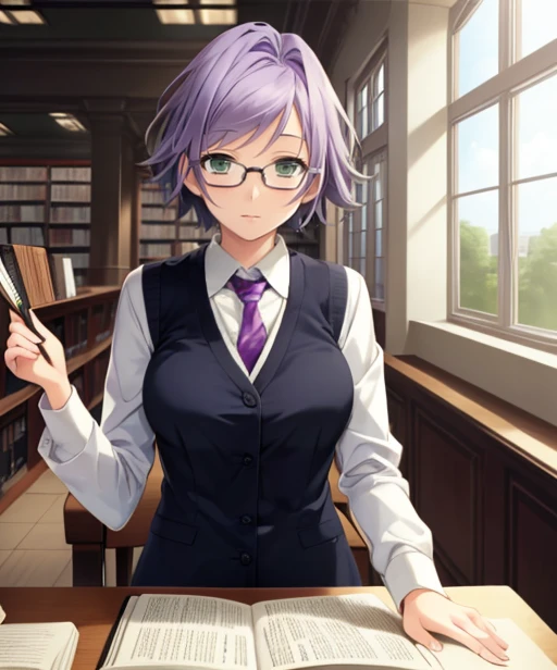 (adult woman), (1girl, solo), (looking at viewer), (vest, tie), (glasses), (purple hair, short hair), (green eyes), ((inside, library)), (window), (best quality, high detail), ((masterpiece)), <lora:1_marui_15e:1>