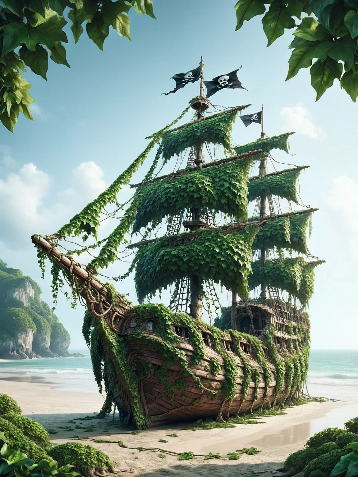 A pirate ship stranded on a beach, its rigging overgrown with ais-ivy <lora:ais-ivy-sdxl:1>