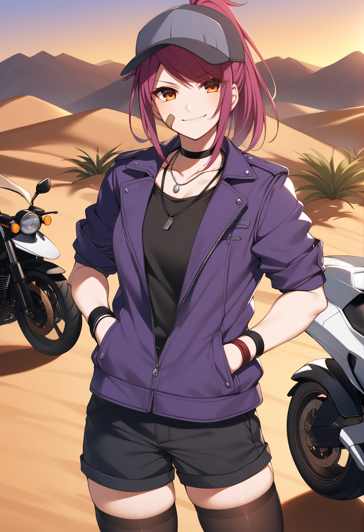 toosaka asagi, airisubaka, best quality, outdoors, desert, sunset, cowboy shot, 1girl, solo, LeahAirisubaka, bandaid on cheek, short hair, ponytail, <lora:LeahAirisubakaAniXL_V1-Manityro-adamw:1>, toned, smirk, blush, looking at viewer, baseball cap, purple jacket, biker jacket, necklace, short sleeves, collarbone, wristband, shorts, black thighhighs, cowboy shot, hands in pockets, motor vehicle, motorcycle, motorbike