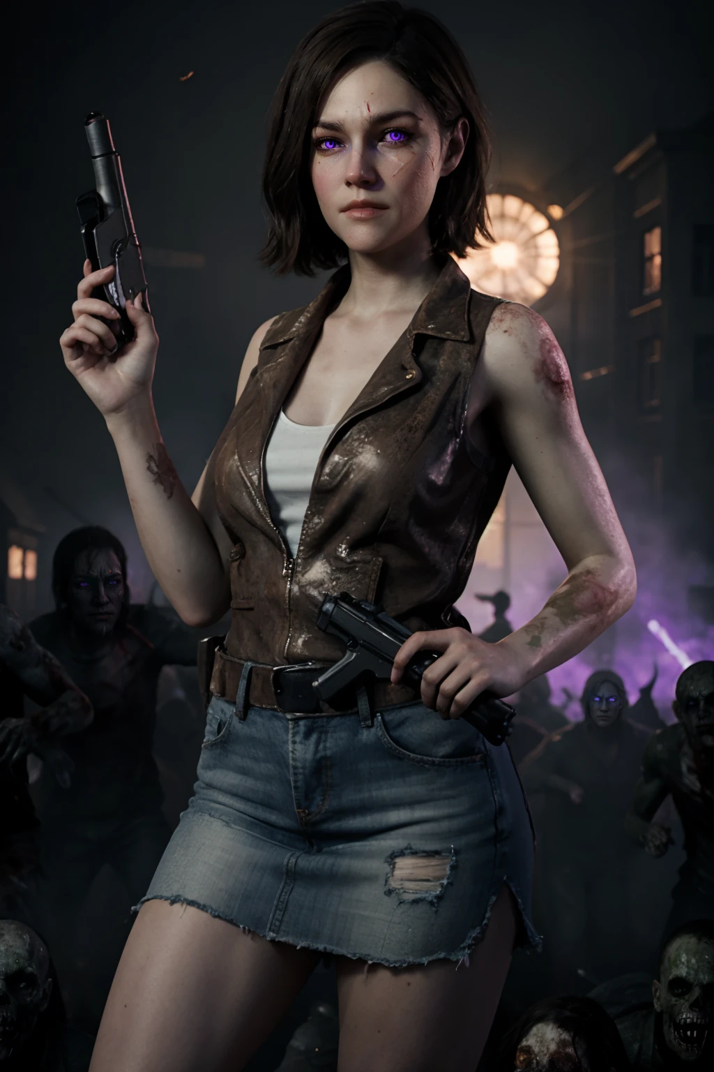 8k,highres,  ((full bodyshot)), highly detailed, 1girl,  in a purple aether background , surrounded by zombies , (holding a gun), looking at the viewer, short wavy brown hair,,  sammaxis,    SFW    <lora:Samantha Maxis -000009:.4>   <lora:BetterGuns-V1:0.8>  <lora:zombie_v1.3:0.8> zombie