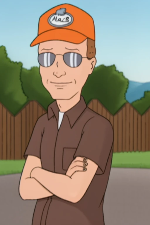 <lora:Dale Gribble - King of the Hill - 1997 - V1:0.85> Dale_Gribble, Orange_mack_track_tracker_hat, sunglasses, brown shirt, white undershirt, dirty blonde hair, smile,, 8k, RAW photo, best quality, ultra high res, photorealistic, masterpiece, ultra-detailed, Unreal Engine<lora:LCM_SD15_2MB:1.0>