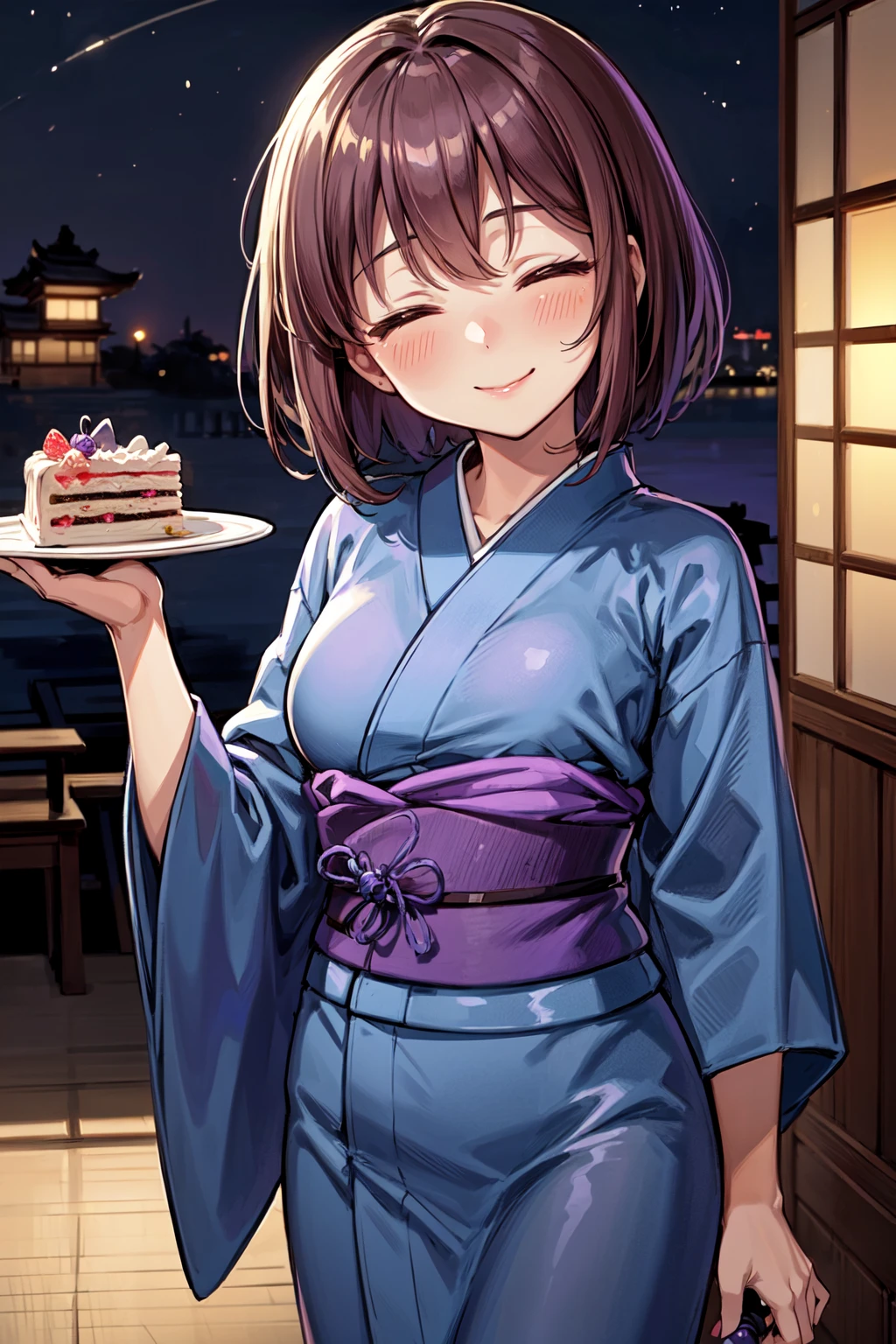 masterpiece,best quality,1girl,frisk,fanon,brown hair,short hair,bangs,(closed eyes,-_-),(blue kimono,purple trim,purple obi:1.3),(holding,holding cake,cake),light smile,east asian architecture,night,<lora:Concept-control tool-add_detail-CyberAIchemist:0.8>,<lora:frisk:0.9>,