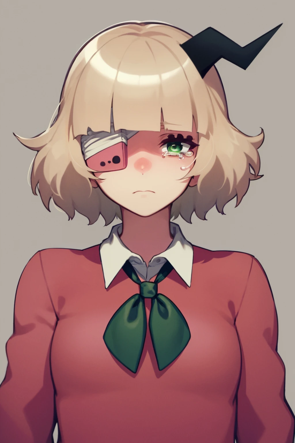 masterpiece, best quality,
1girl, ruruchan, blonde hair, short hair, eyepatch, green eyes, horns, collared shirt, pink sweater, long sleeves, ribbon,
tears, sad, upper body, solo, looking at viewer, simple background <lora:Ruruchan:1>