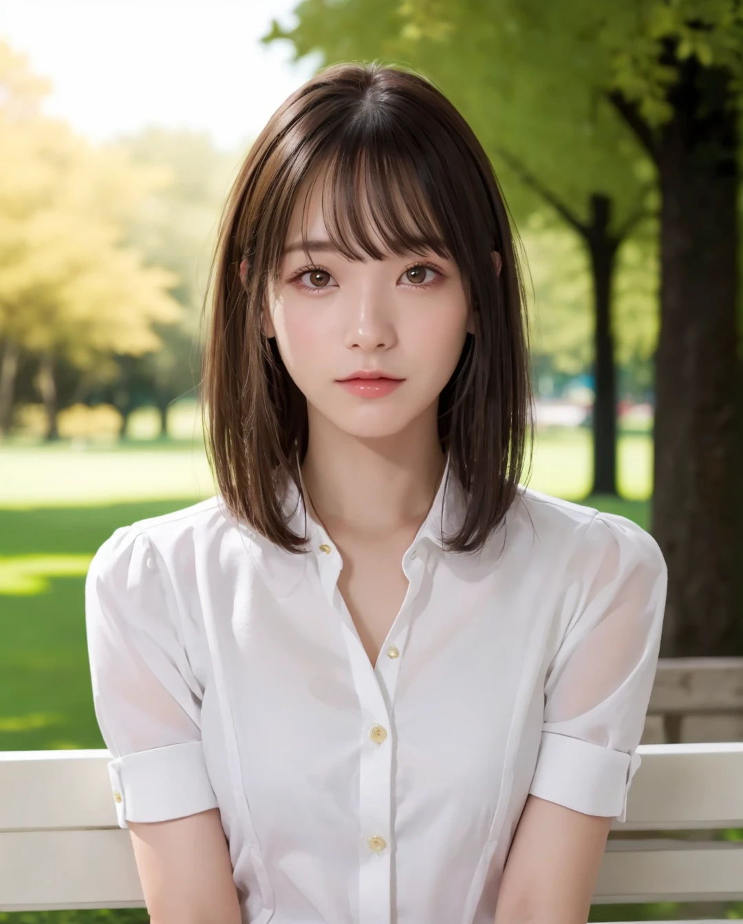 best quality, photorealistic, 8k, high res, full color, 1girl, woman, 20 years old woman, (closed mouth:1.43), (skindentation), trees, park bench, daylight, ((park background:1.52)), full color, ((white buttoned shirt:1.58)), looking at viewer:1.8, (1girl eyes looking at viewer:1.55), (medium hair, brownhair, partedbangs:1.85), (bokeh), <lora:AAV-yuka1:0.64>