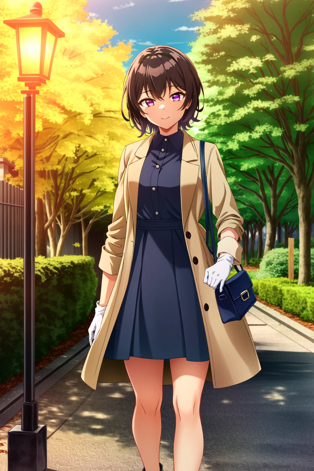 (extremely detailed CG unity 4k wallpaper),(masterpiece),(best quality),(ultra-detailed),(best illustration),(best shadow),(absurdres),(detailed background) <lora:OGT_lilth-v1:0.7> Lilth, 1girl, solo, bag, lamppost, tree, short hair, gloves, dress, handbag, outdoors, looking at viewer, brown coat, brown hair, coat, bare tree, purple eyes, blue dress, closed mouth, standing, brown jacket, light smile