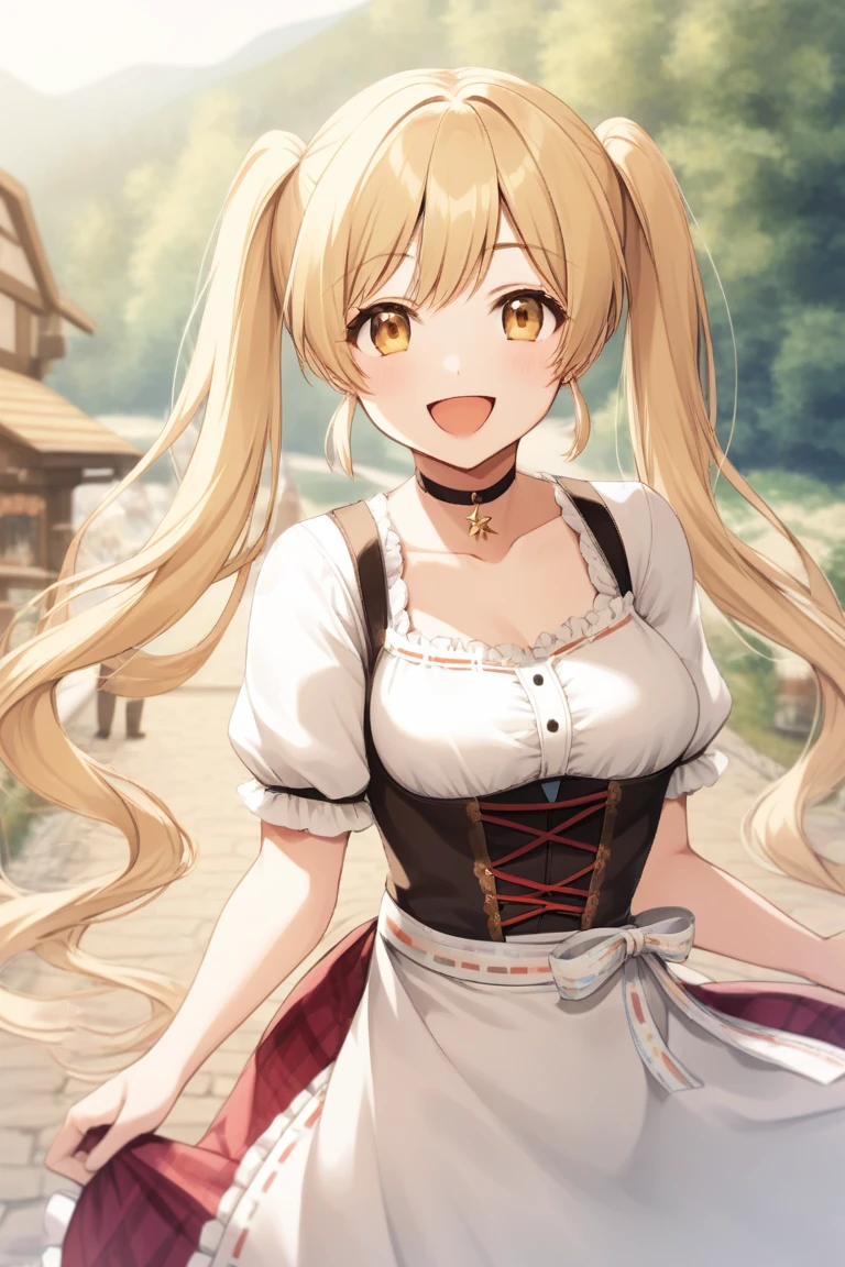 dirndl,  blonde hair,  :d,  long hair,  smile,  jewelry,  outdoors,  white shirt,  choker,  closed mouth,  twintails,<lora:EMS-294816-EMS:0.700000>