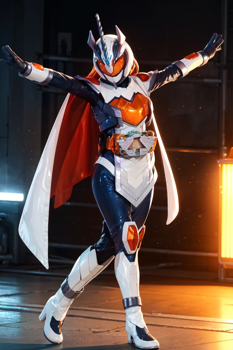 majade, solo, 1girl, mature female, perfect female body, narrow waist,wide hip,gloves, female focus, blue bodysuit, helmet, glowing eyes, orange eyes,orange hair, long hair, boots, cape,tokusatsu, kamen rider,rider belt, unicorn, horns, white armor, orange breastplate,white ring,pelvic curtain,full body shot,cape,standing,dynamic pose,fighting stance,action pose,casting magic,outstretched arms, on rooftop,city background, hdr,bokeh,depth of field,night, <lora:majade:0.8>