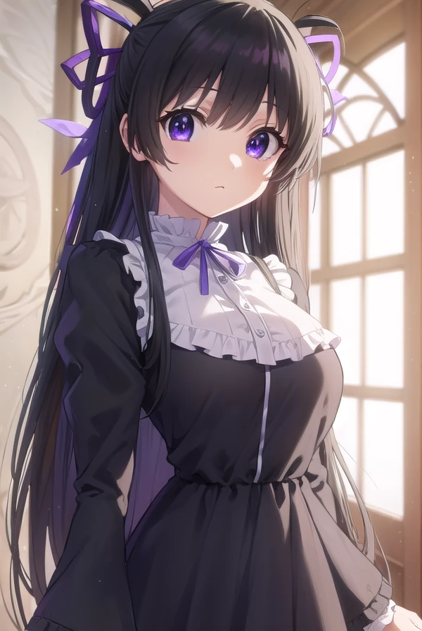 kirayurasakurazuki, <lora:kira yura sakurazuki s1-lora-nochekaiser:1>,
kira yura sakurazuki, long hair, black hair, (purple eyes:1.1), hair ribbon, antenna hair, twintails, purple ribbon,
BREAK long sleeves, puffy sleeves, juliet sleeves, frills, dress, black dress,
BREAK indoors,
BREAK looking at viewer, (cowboy shot:1.5)
BREAK <lyco:GoodHands-beta2:1>, (masterpiece:1.2), best quality, high resolution, unity 8k wallpaper, (illustration:0.8), (beautiful detailed eyes:1.6), extremely detailed face, perfect lighting, extremely detailed CG, (perfect hands, perfect anatomy),