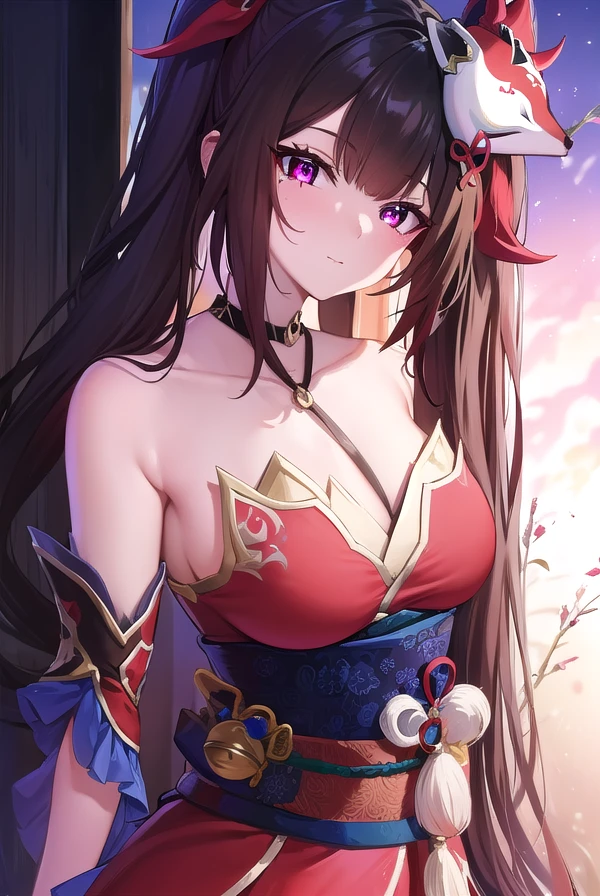 honkaisparkle, <lora:honkai sparkle-lora-nochekaiser:1>,
sparkle, long hair, bangs, black hair, hair ornament, twintails, (red eyes:1.3), bell, mask, mask on head, fox mask, smile,
BREAK dress, bare shoulders, japanese clothes, sash, tattoo, red dress,
BREAK outdoors,
BREAK looking at viewer, (cowboy shot:1.5)
BREAK <lyco:GoodHands-beta2:1>, (masterpiece:1.2), best quality, high resolution, unity 8k wallpaper, (illustration:0.8), (beautiful detailed eyes:1.6), extremely detailed face, perfect lighting, extremely detailed CG, (perfect hands, perfect anatomy),