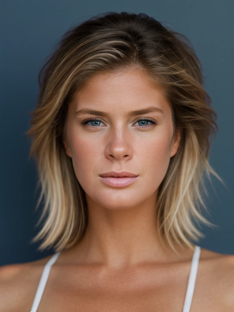 A beautiful r4ch3lh woman,1girl,solo,looking at viewer,short hair,blue eyes,blonde hair,simple background,bare shoulders,grey background,lips,realistic,soft lighting, professional Photography, Photorealistic, detailed, RAW, analog, sharp focus, 8k, HD, high quality, masterpiece<lora:r4ch3lh:1.0>
