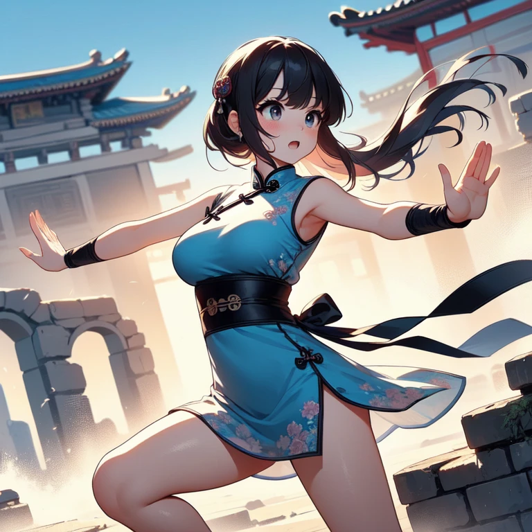 (((masterpiece))), (((best quality))), ((tsuuhaiken)), ((outstretched arms)), ((hand close to waist)), lunge, sidelocks, longhair, wristband, sleeveless, ((see through cut-out beige chiffon floral qipao)), fluttering skirt, wind, dust, steam, solo, 1girl, (((big tits))), ((ribbon)), open mouth, sweat, shy, blush, ((slim figure)), lace stockings, (((ancient china ruins))), <lora:girlliketsuuhaiken:0.8>,