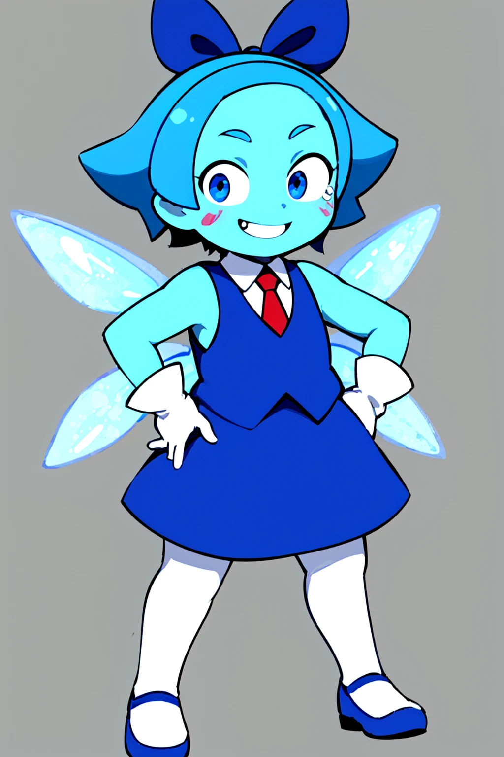 < aquam, blue hair, teardrop facial mark, 1girl, solo, hair bow, blue skin, sleeveless, white gloves, blue skirt, cirno, blue eyes, smile, wings, looking at viewer, short hair, blue footwear,simple background,standing, hand on hip, <lora:aquamarine4:0.5>