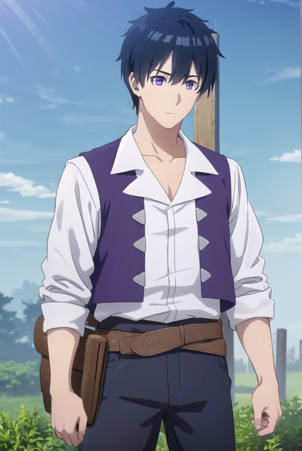 hirakumachio, <lora:hiraku machio s1-lora-nochekaiser:1>,
hiraku machio, black hair, hair between eyes, blue hair, (purple eyes:1.1), male focus,
BREAK shirt, white shirt, belt, vest, sleeves rolled up,
BREAK outdoors, farm, crops, plants, trees, grass, sun, sky, clouds,
BREAK looking at viewer, (cowboy shot:1.5)
BREAK <lyco:GoodHands-beta2:1>, (masterpiece:1.2), best quality, high resolution, unity 8k wallpaper, (illustration:0.8), (beautiful detailed eyes:1.6), extremely detailed face, perfect lighting, extremely detailed CG, (perfect hands, perfect anatomy),