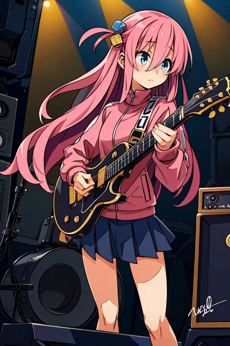 ((masterpiece,best quality)), gotou1, gotou hitori, solo, skirt, pink jacket, track jacket, bangs, hair between eyes, long sleeves, <lora:gotou_hitori_v1:0.7>, stage, holding instrument, guitar,