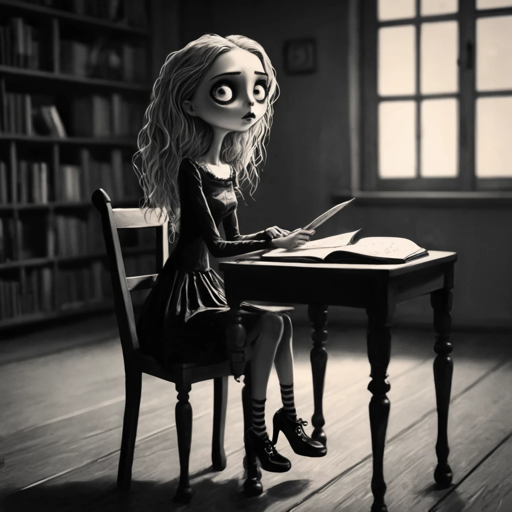 Illustration by Tim Burton,(((Sketch Tim Burton Style))), skinny,skinny neck,big eyes,gloomy,spooky,terror (theme),gothic illustration, 1girl,solo,long hair,skirt,blonde hair,sitting,shoes,book,chair,desk,wide-eyed