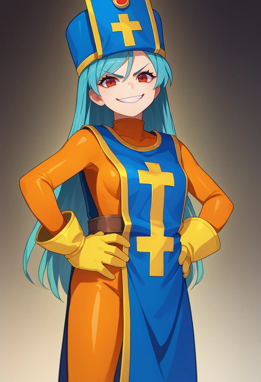 score_9, score_8_up, score_7_up, source_anime, rating_safe, solo, 1girl, dq3priest, smirk, looking at viewer, hands on hips, mitre, v-shaped eyebrows, orange bodysuit, tabard, yellow gloves <lora:dq3_priest_ponyXL:1>