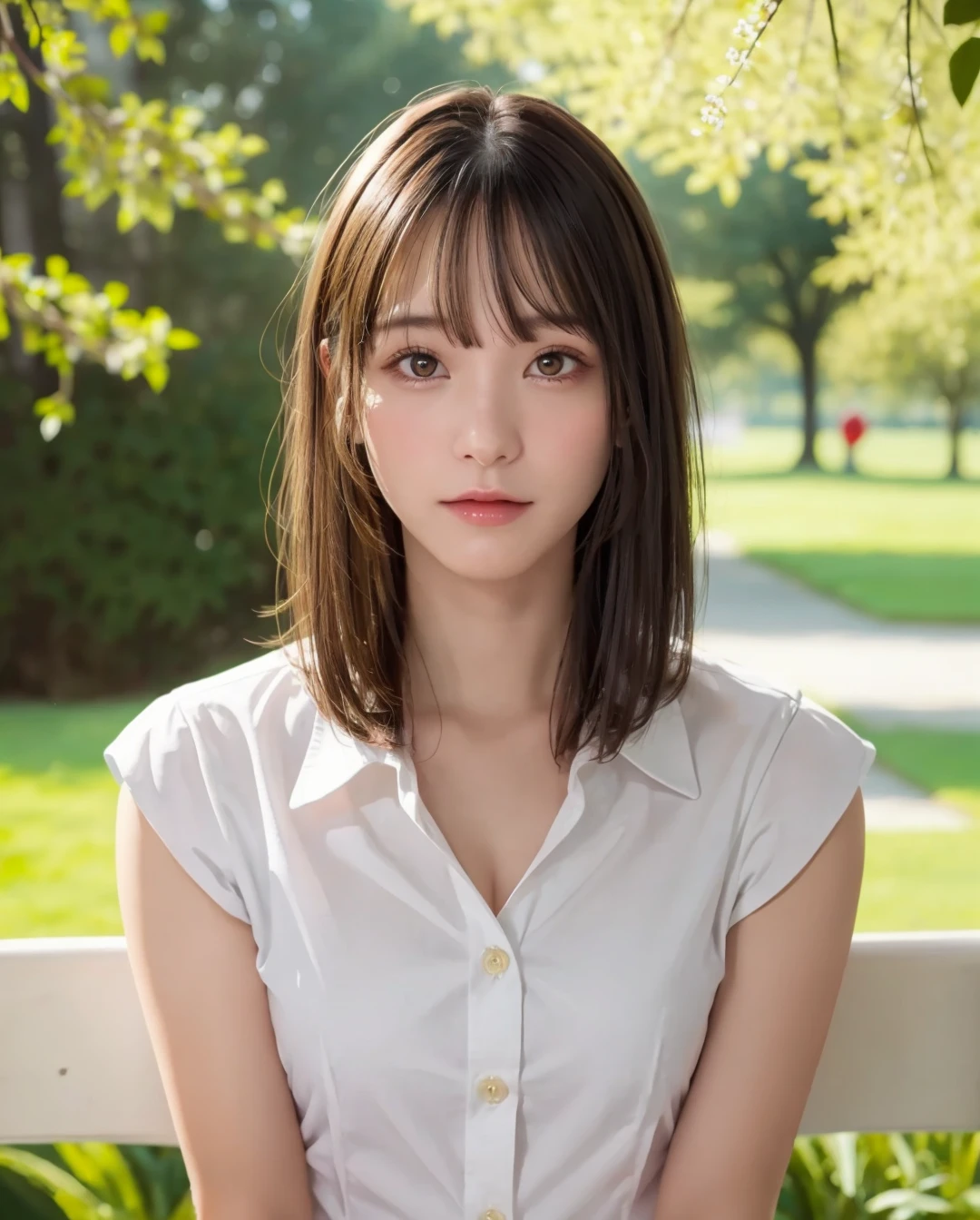 best quality, photorealistic, 8k, high res, full color, 1girl, woman, 20 years old woman, (closed mouth:1.73), (skindentation), (portrait:0.6), trees, park bench, daylight, ((park background:1.52)), full color, ((whiteshirt:1.58)), looking at viewer:1.8, (1girl eyes looking at viewer:1.55), (medium hair, brownhair, partedbangs:1.45), (bokeh), <lora:AAV-remu:0.69>