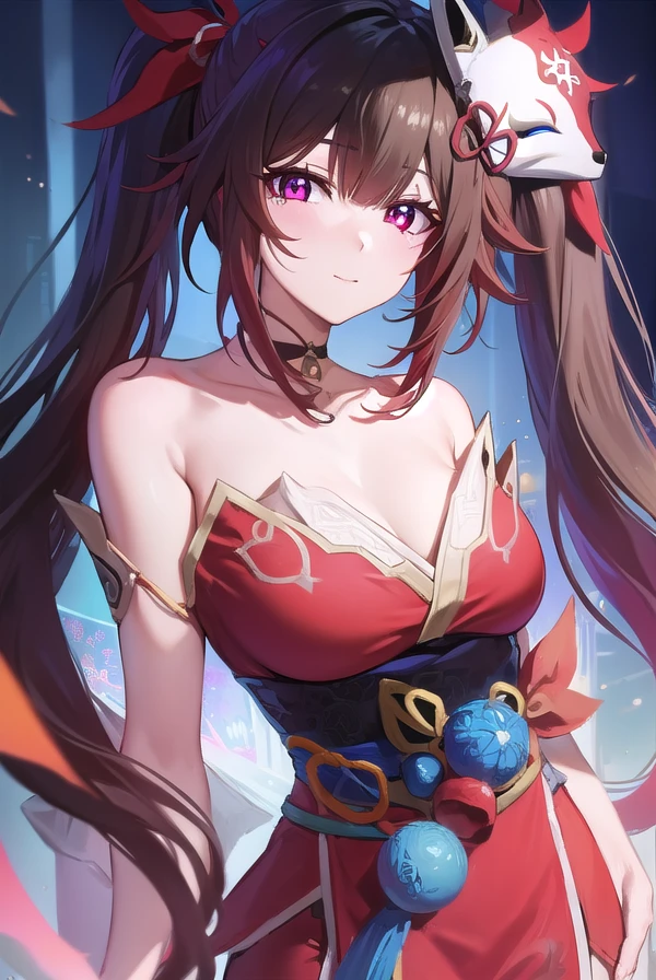 honkaisparkle, <lora:honkai sparkle-lora-nochekaiser:1>,
sparkle, long hair, bangs, black hair, hair ornament, twintails, (red eyes:1.3), bell, mask, mask on head, fox mask, smile,
BREAK dress, bare shoulders, japanese clothes, sash, tattoo, red dress,
BREAK outdoors,
BREAK looking at viewer, (cowboy shot:1.5)
BREAK <lyco:GoodHands-beta2:1>, (masterpiece:1.2), best quality, high resolution, unity 8k wallpaper, (illustration:0.8), (beautiful detailed eyes:1.6), extremely detailed face, perfect lighting, extremely detailed CG, (perfect hands, perfect anatomy),