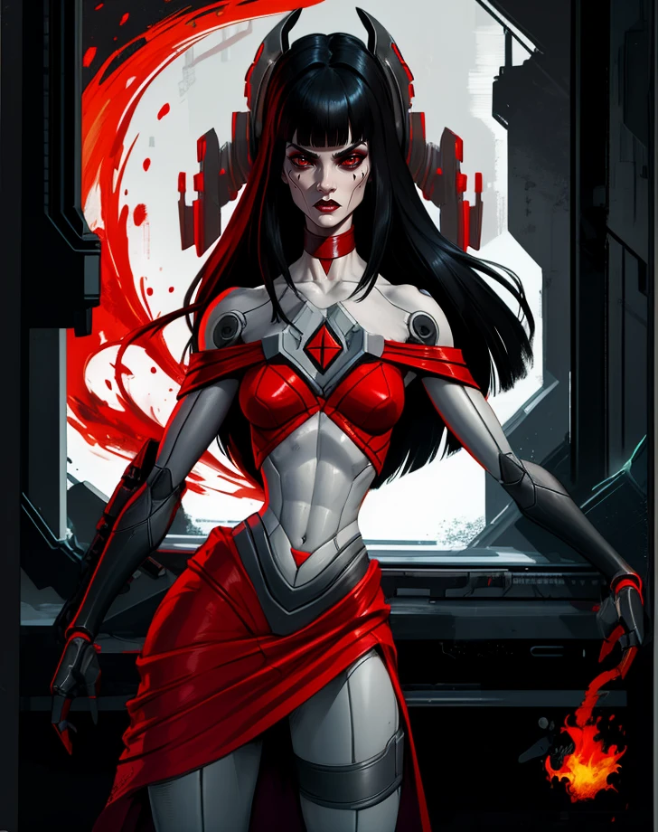 Ambra,long hair,blunt bangs,facial mark,red sclera,red eyes,
android,robot,
red top,midriff,bare shoulders,red choker,red skirt,
standing,
serious,
cyberpunk,flames,
(insanely detailed, masterpiece, best quality),solo,<lora:Ambra:0.8>,