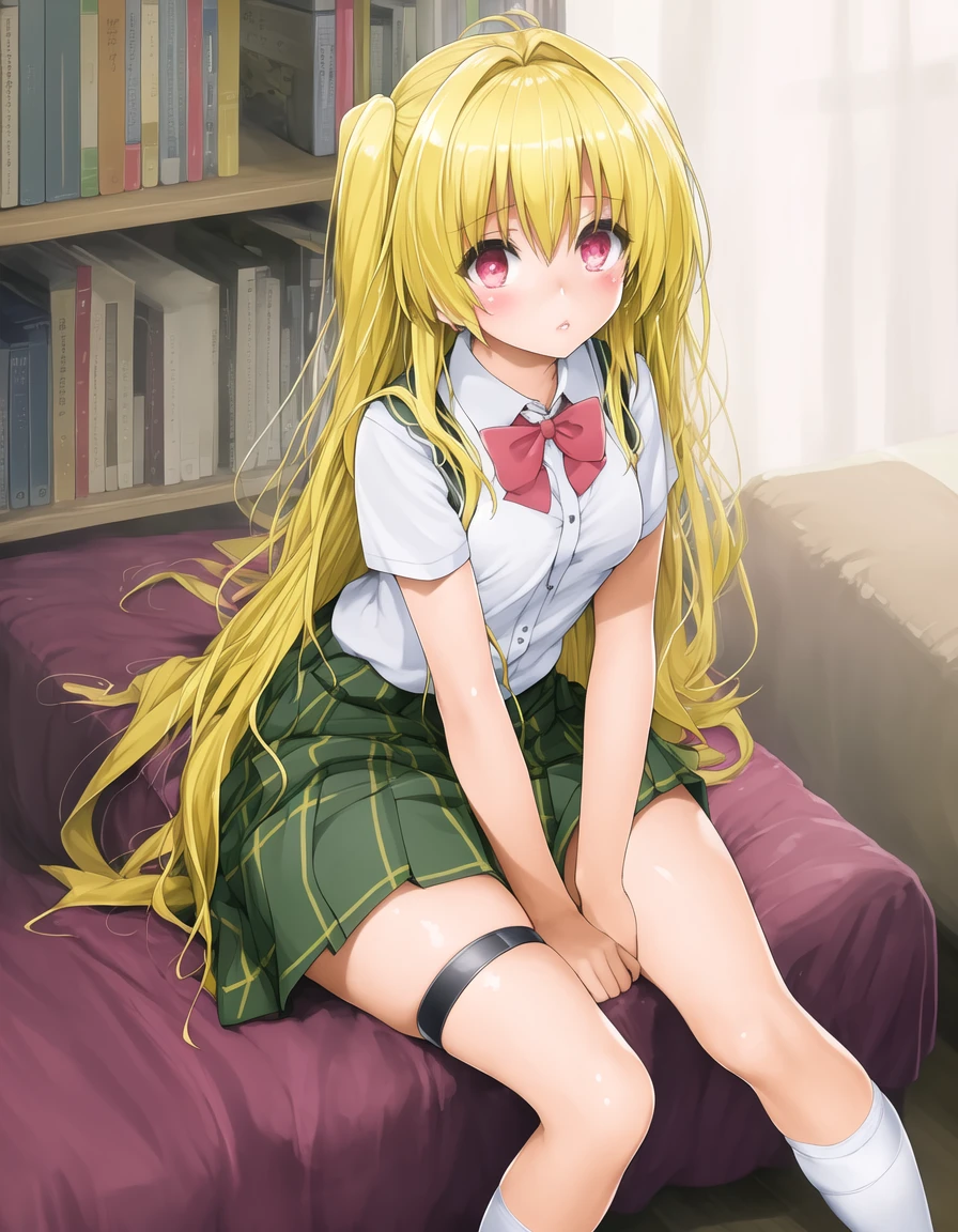 masterpiece, best quality, 1girl, konjiki no yami, solo, blonde hair, long hair, skirt, red eyes, short sleeves, shirt, sitting, green skirt, white shirt, looking at viewer, school uniform, bookshelf, two side up, socks, thigh strap, sweater vest, blush, plaid skirt, pleated skirt, parted lips, kneehighs, bowtie, black socks, ribbon, very long hair, plaid, bow, collared shirt, indoors, book, hair ribbon, bangs, arms behind back, miniskirt, breasts, thighs, hair between eyes, <lora:yami-v1:1> <lora:ishikei-000006:1>