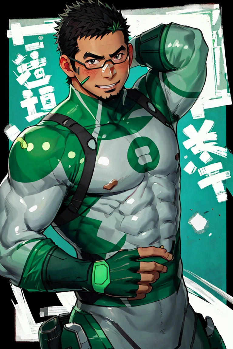 (1 image only),  solo male,  bara,  Kyoichi Ootomo,  Live A Hero,  Asian,  Japanese,  hero,  short hair,  black hair,  green streaked hair,  sideburns,  black eyes,  facial hair,  goatee,  (wore glasses),  tan skin,  white bandaid on nose,  goggles,  grey&green bodysuit,  skin tight,  green fingerless gloves,  smile,  blush,  mature,  handsome,  charming,  alluring,  standing,  upper body,  perfect anatomy,  perfect proportions,  (best quality,  masterpiece),  (perfect eyes,  perfect eye pupil),  perfect hands,  high_resolution,  dutch angle,  Japanese city street,<lora:EMS-295219-EMS:0.700000>