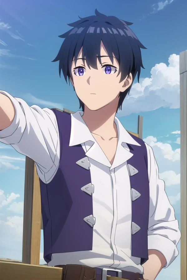 hirakumachio, <lora:hiraku machio s1-lora-nochekaiser:1>,
hiraku machio, black hair, hair between eyes, blue hair, (purple eyes:1.1), male focus,
BREAK shirt, white shirt, belt, vest, sleeves rolled up,
BREAK outdoors, farm, crops, plants, trees, grass, sun, sky, clouds,
BREAK looking at viewer, (cowboy shot:1.5)
BREAK <lyco:GoodHands-beta2:1>, (masterpiece:1.2), best quality, high resolution, unity 8k wallpaper, (illustration:0.8), (beautiful detailed eyes:1.6), extremely detailed face, perfect lighting, extremely detailed CG, (perfect hands, perfect anatomy),