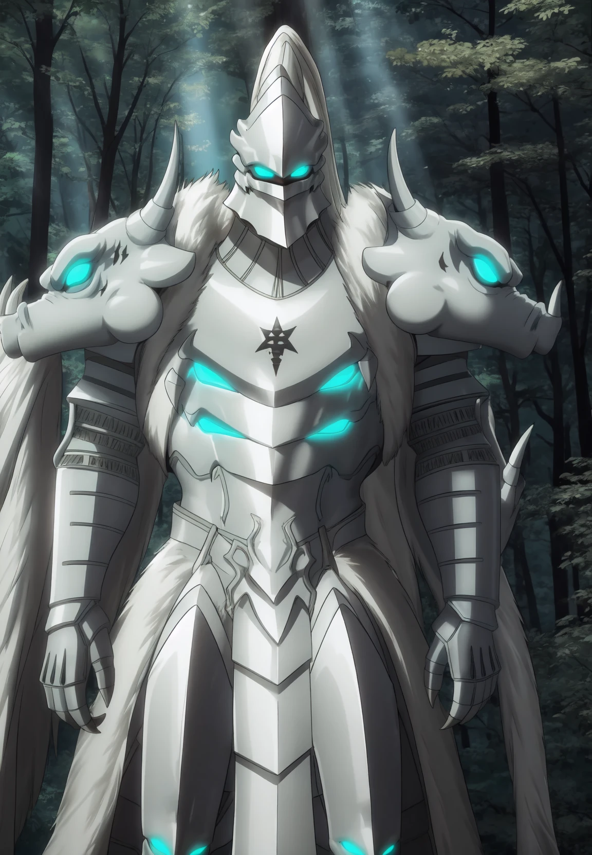 (Platinum_Dragon_Lord_Armor), forest, glowing eyes, armor, tree, glowing, male, blue eyes, feral, hi res, outside, anthro, mammal, plant, detailed background, front view, digital media (artwork), pauldron, countershading, white fur <lora:Platinum_Dragon_Lord_Armor_v1.1:1>
