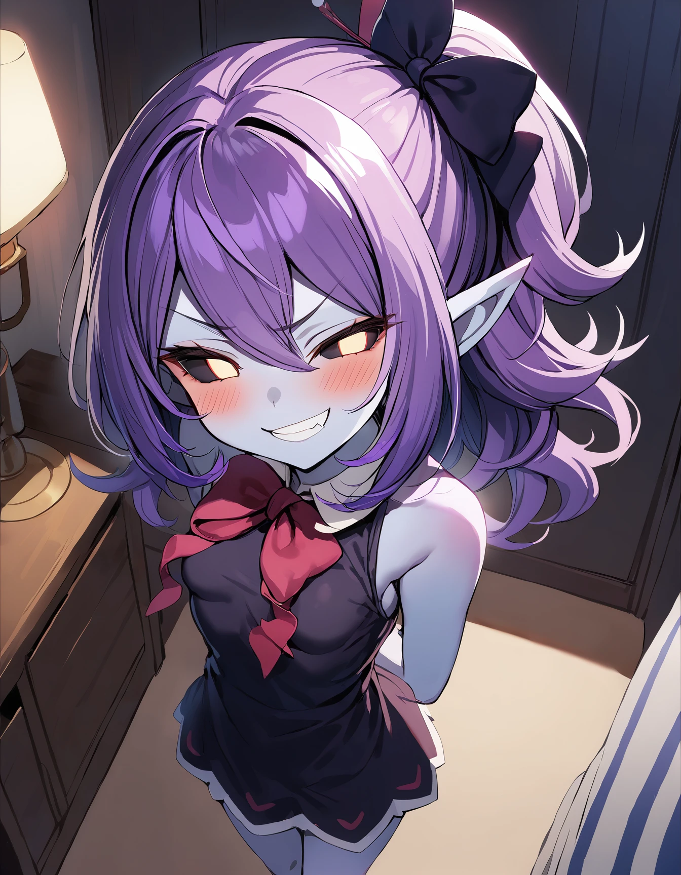 1girl,solo,musume\(yuunama\), black sclera, purple hair, pointy ears, colored skin, purple skin, sleeveless dress,hair ornament, blush, smile, grin,smug,fang,small breast,bow,standing,arms behind back,from above,bedroom,indoors,masterpiece, best quality <lora:xl-musume5:1.0> <lora:purple-skin-xl-test:-3>