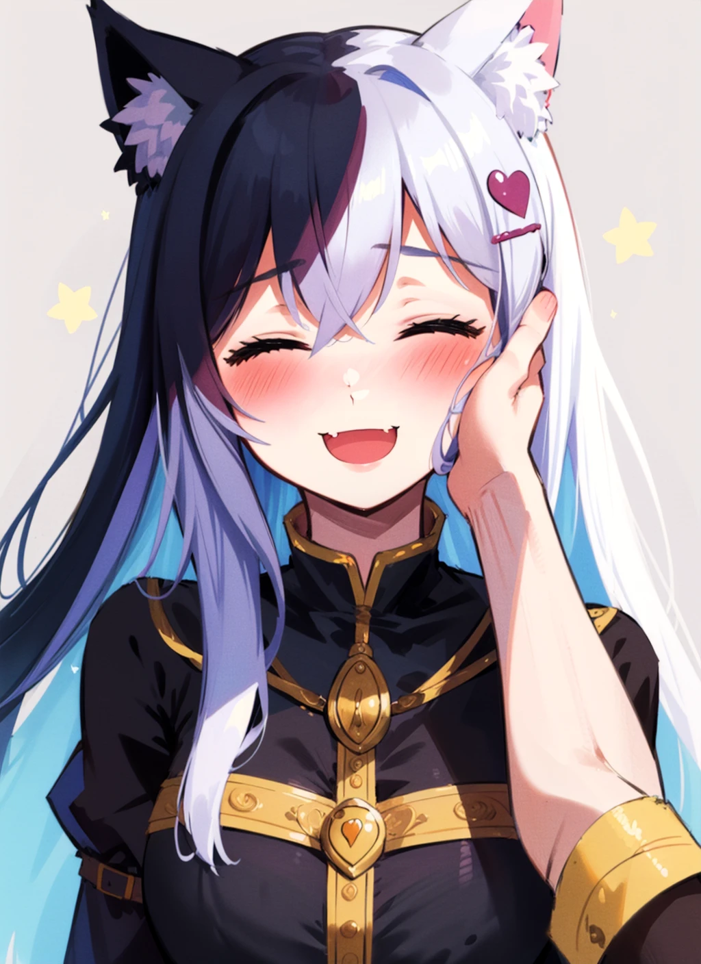 (best quality, masterpiece), upper body, 1girl,  hand on another's cheek, hand on another's face, furry, catgirl,  blush, open mouth, :D, closed eyes, <lora:hand_on_another's_cheek_v1:0.8>