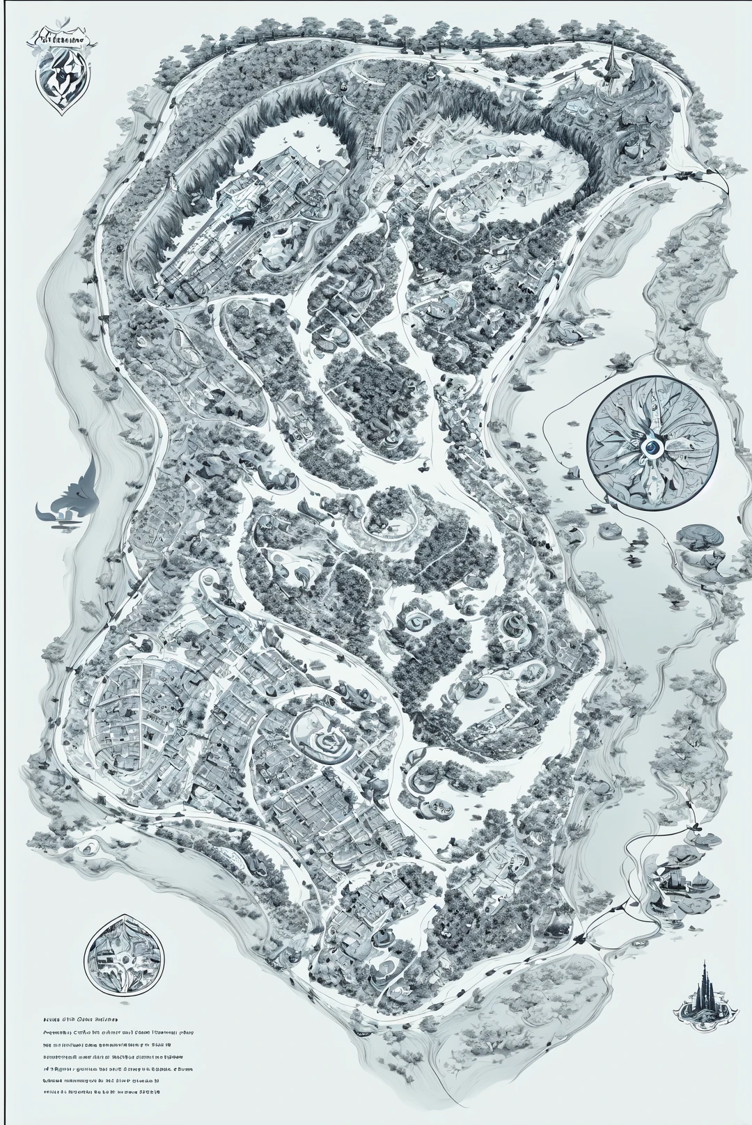 amazing, 4k, extremely detailed art, best quality, masterpiece,
<lora:cartography:1>, map, monochrome, no humans, (from above), border, tree, stairs, house, water, blue theme, cityscape, abstract, fine art parody,
(animal:1.5), (randomly placed animal on map),
<lora:more_details:0.5>