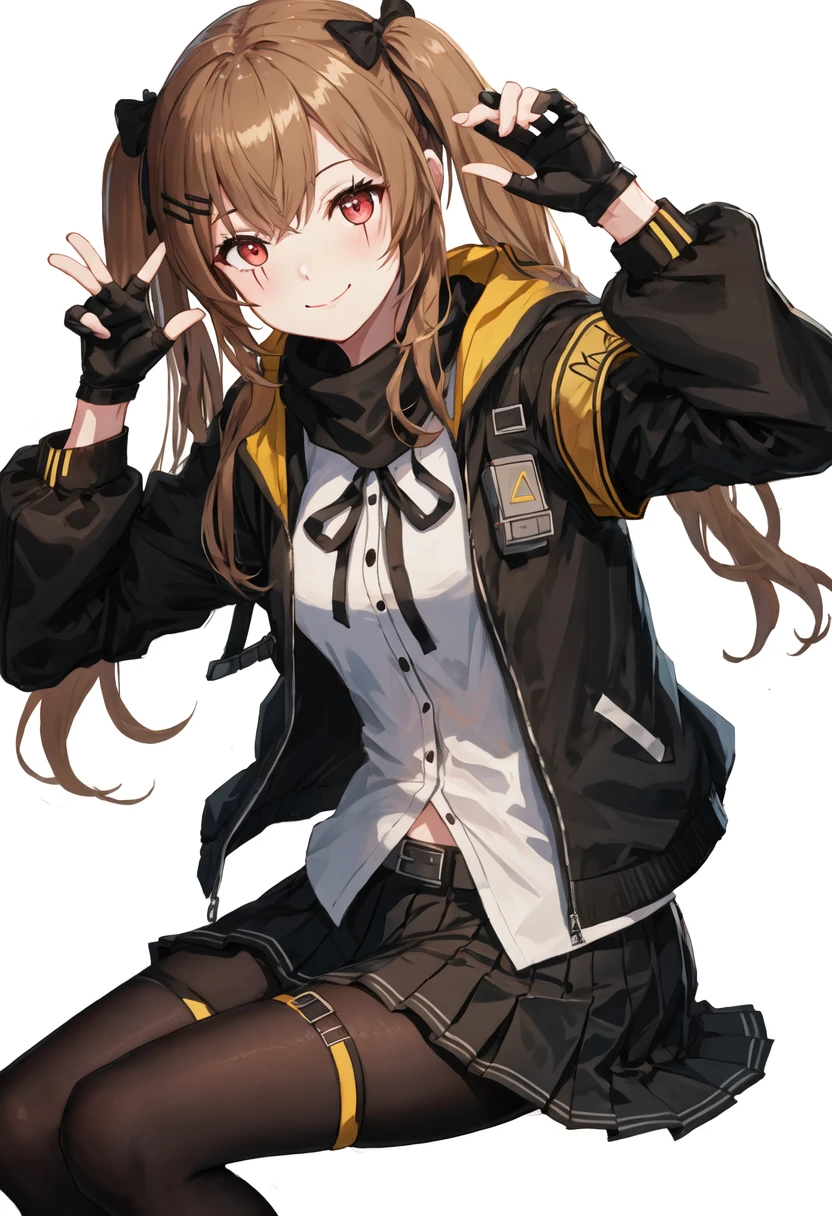 best quality, masterpiece, highres, solo, {ump9_girlsfrontline:0.90}, 1girl, black_gloves, black_jacket, black_skirt, fingerless_gloves, looking_at_viewer, neck_ribbon, open_jacket, pleated_skirt, white_background, white_shirt, black_pantyhose, black_ribbon, blush, hooded_jacket, simple_background, armband, red_eyes, smile, belt, long_sleeves, black_bow, scarf, sitting, hood_down, closed_mouth