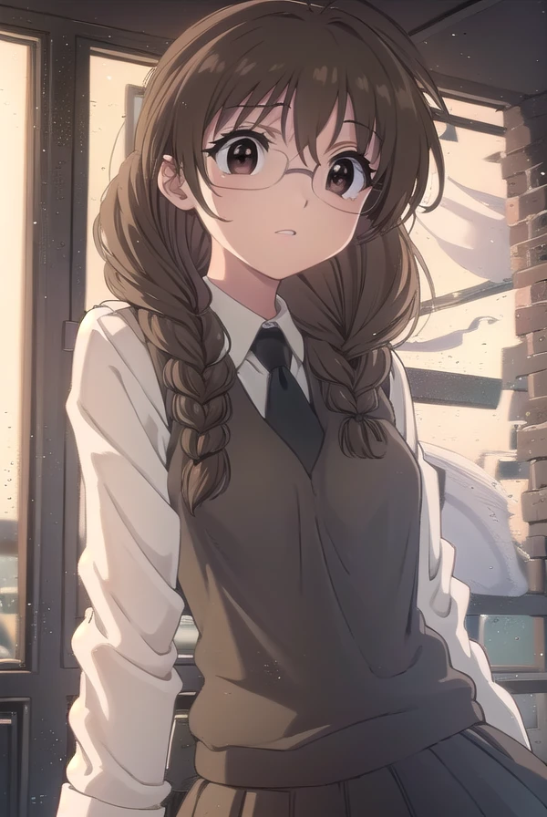 koiuichigusa, <lora:koi ui chigusa s1-lora-nochekaiser:1>,
koi ui chigusa, brown hair, (brown eyes:1.5), glasses, braid, hair braid, single braid, hair over shoulder,
BREAK skirt, school uniform, necktie, sweater vest,
BREAK indoors,
BREAK looking at viewer, (cowboy shot:1.5)
BREAK <lyco:GoodHands-beta2:1>, (masterpiece:1.2), best quality, high resolution, unity 8k wallpaper, (illustration:0.8), (beautiful detailed eyes:1.6), extremely detailed face, perfect lighting, extremely detailed CG, (perfect hands, perfect anatomy),