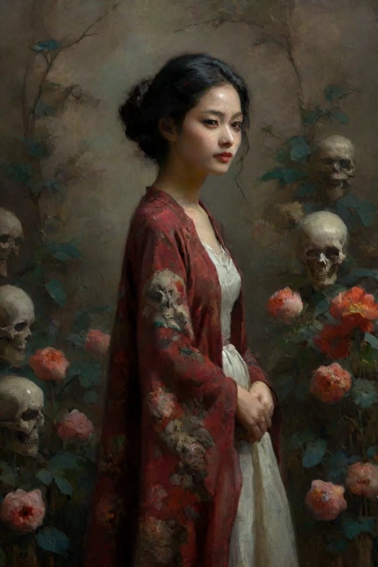 Enchanting, Horror, [Song Dynasty:Micronesian:18] roots and garden, [Kevlar:Water:20], Painting, Joao Ruas, Muted Colors, back-light, otherworldly, Gluttony, Canon 5d mark 4, Digital artwork, Feminine, Shameless, split lighting, Desaturated, de dia los muertos, Kashmir, Paradox, macro lens, portrait, Emotionally Charged ("The establishment of the People's Republic of China":1.3) , dark red mist, Satin, Georges Gimel, Simple, RTX