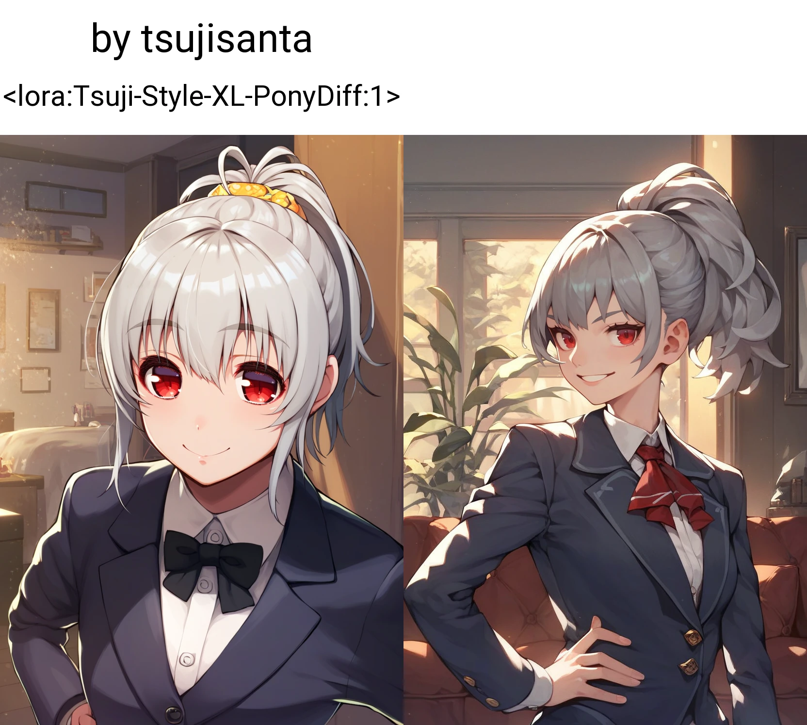 score_9, score_8_up, score_7_up, source_anime, 1girl,red eyes,smile, room, ponytail,grey hair, portrait, best quality,hand on hip, blazer, by tsujisanta <lora:Tsuji-Style-XL-PonyDiff:1>