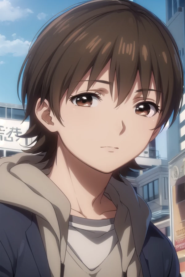 rentaroufutaba, <lora:rentarou futaba s1-lora-nochekaiser:1>,
rentarou futaba, short hair, brown hair, (brown eyes:1.5), male focus,
BREAK long sleeves, jacket, open clothes, hood, open jacket, hoodie, hood down,
BREAK outdoors, city,
BREAK looking at viewer, (cowboy shot:1.5)
BREAK <lyco:GoodHands-beta2:1>, (masterpiece:1.2), best quality, high resolution, unity 8k wallpaper, (illustration:0.8), (beautiful detailed eyes:1.6), extremely detailed face, perfect lighting, extremely detailed CG, (perfect hands, perfect anatomy),