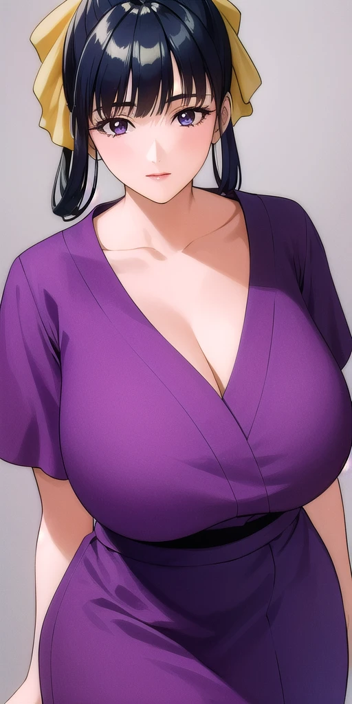 <lora:AkikoHoujohV8:.7> AkikoHoujoh, huge_breasts, standing, solo, purple_dress, yellow_hair_bow,, masterpiece, best_quality, detailed_face, detailed_eyes, highres, beautiful, detailed,