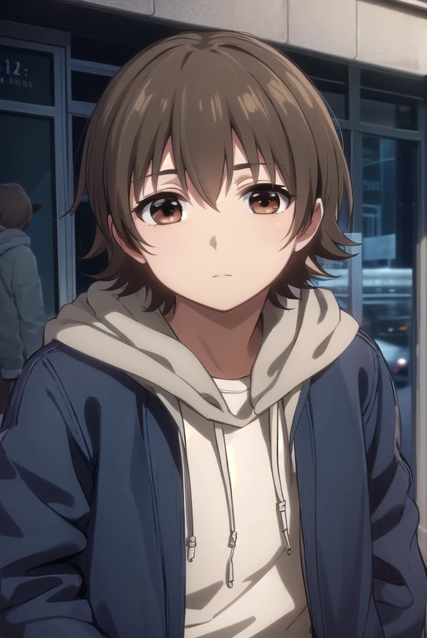 rentaroufutaba, <lora:rentarou futaba s1-lora-nochekaiser:1>,
rentarou futaba, short hair, brown hair, (brown eyes:1.5), male focus,
BREAK long sleeves, jacket, open clothes, hood, open jacket, hoodie, hood down,
BREAK outdoors, city,
BREAK looking at viewer, (cowboy shot:1.5)
BREAK <lyco:GoodHands-beta2:1>, (masterpiece:1.2), best quality, high resolution, unity 8k wallpaper, (illustration:0.8), (beautiful detailed eyes:1.6), extremely detailed face, perfect lighting, extremely detailed CG, (perfect hands, perfect anatomy),