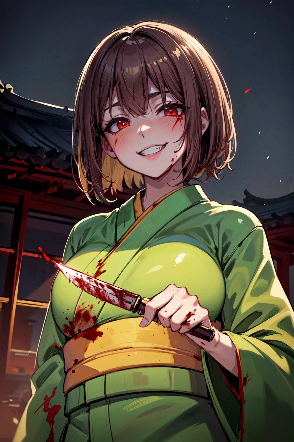masterpiece,best quality,1girl,chara,fanon,short hair,brown hair,red eyes,(green kimono,yellow trim,sarashi,yellow obi:1.3),(holding,holding knife,knife),(evil grin),half-closed eyes,glowing eyes,shaded face,(blood:1.2),east asian architecture,night,<lora:Concept-control tool-add_detail-CyberAIchemist:0.8>,<lora:CHAR-Undertale-Chara-v1-junkgoblin:1.1>,